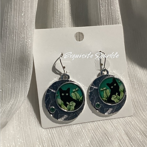 😸Oxidized Silver Alloy Black Cat Circular Hook Drop Earrings - Picture 10 of 15